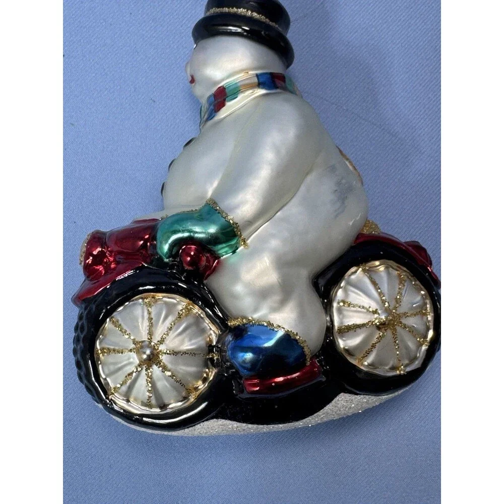 Dillard's Trimmings Snowman on a Motorcycle 1999 Glass Blown Christmas Ornament